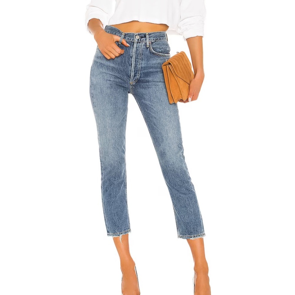 Agolde High Rise Straight Crop Jeans in Light Blue Denim